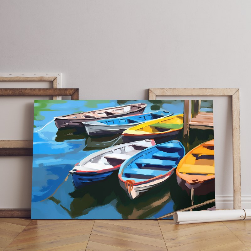 Harbor view with row boats Printed canvas wall art