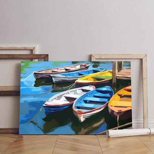 Harbor view with row boats Printed canvas wall art
