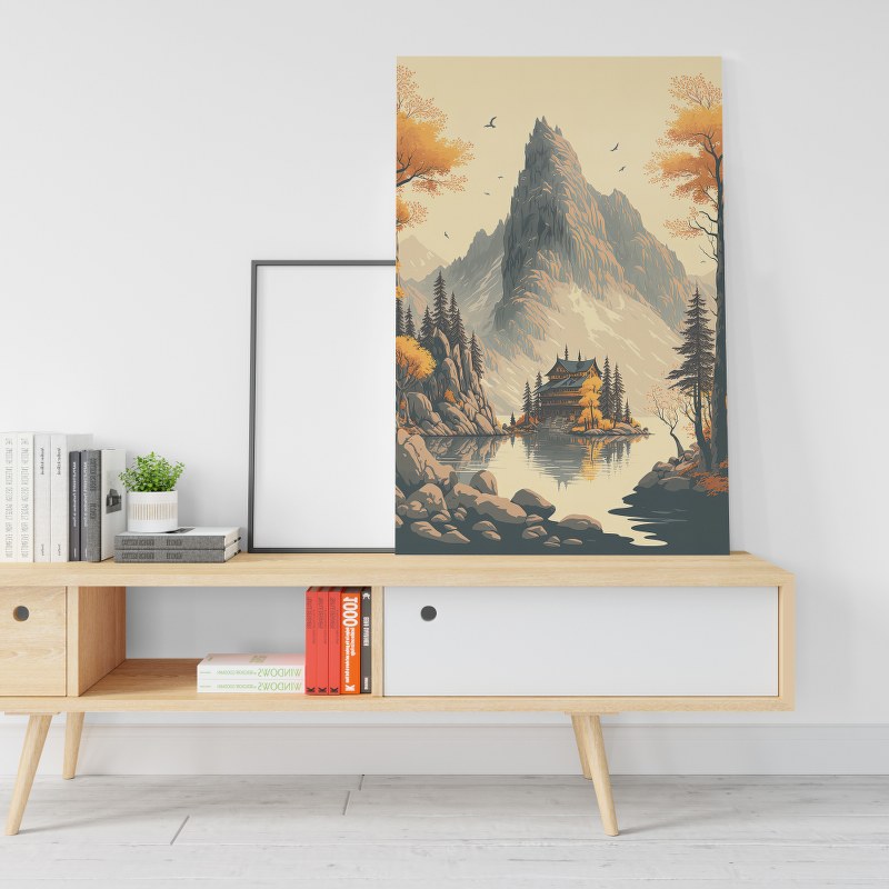 Painting cabin by lake with mountain background Printed canvas wall art