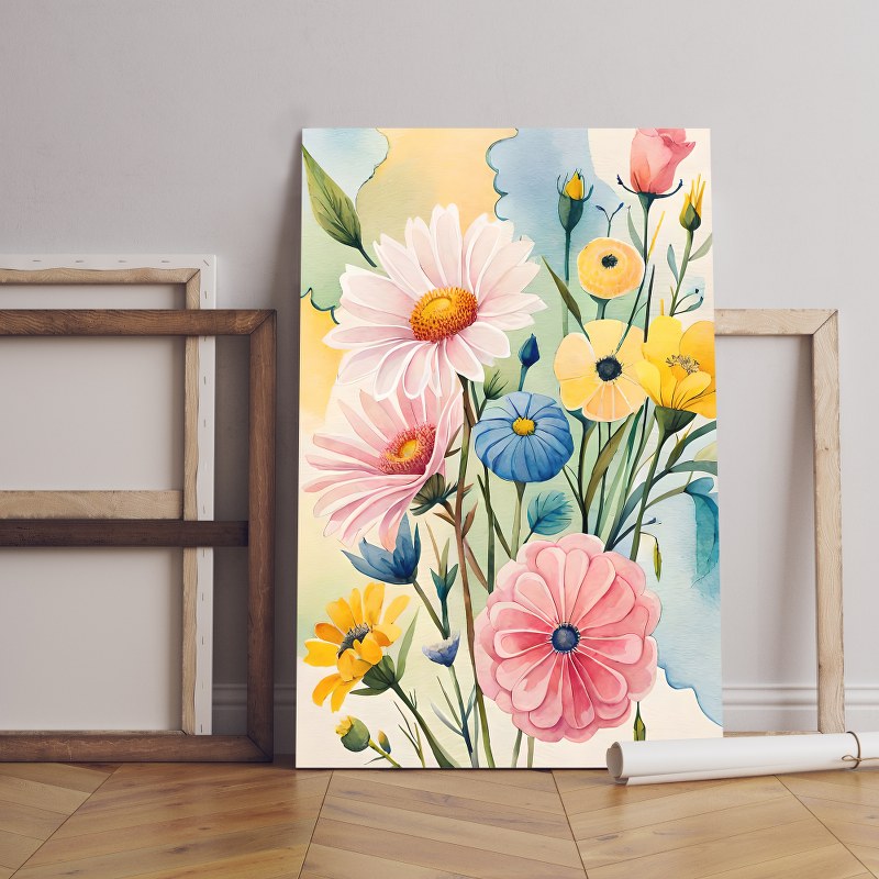Painting flowers with blue background yellow flowers Printed canvas wall art