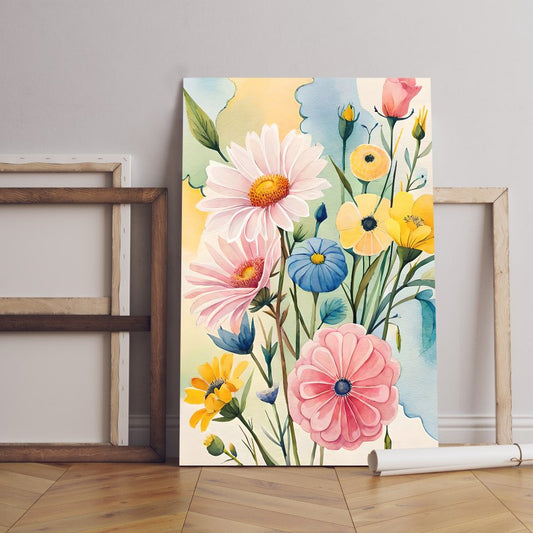 Painting flowers with blue background yellow flowers Printed canvas wall art