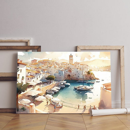 Painting harbor with boats lighthouse background Printed canvas wall art