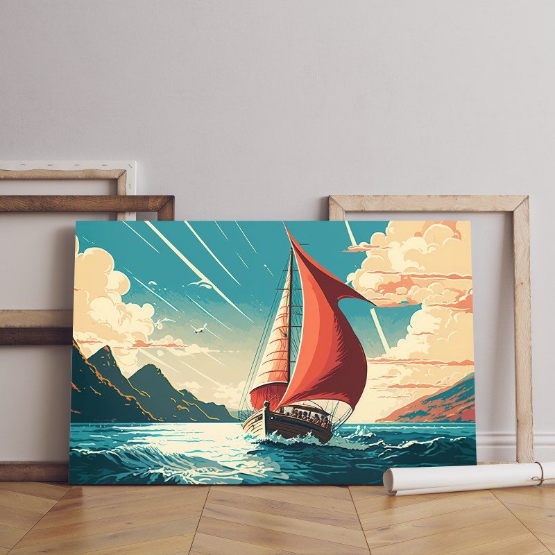 Painting sailboat in river with cloudy sky Printed canvas wall art