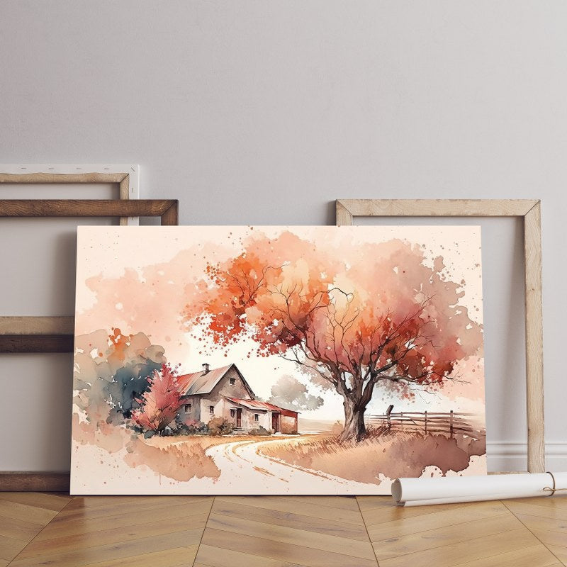 Autumn landscape with watercolor illustration house autumn tree
