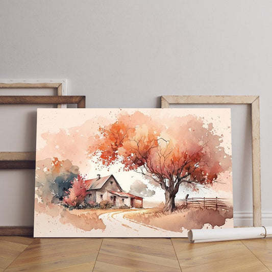 Autumn landscape with watercolor illustration house autumn tree