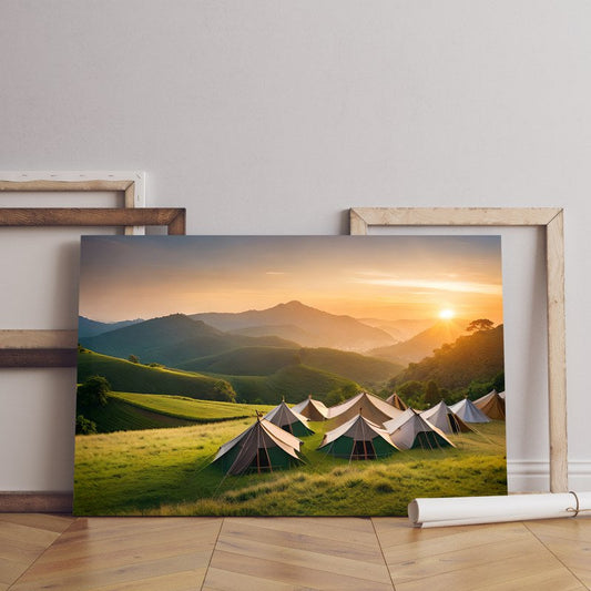 Camping Tents With sunset Landscape Mountain Printed canvas wall art