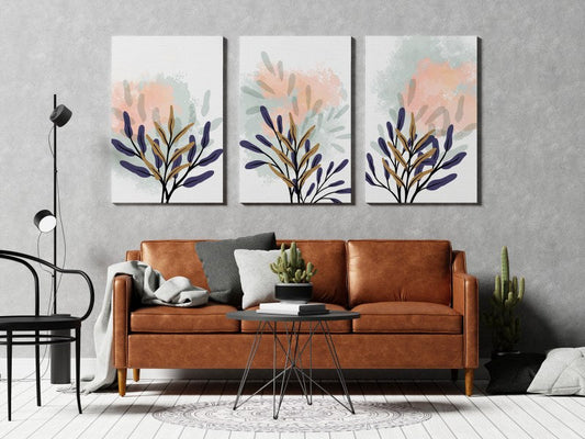 Set of Luxury navy blue and gold print with plants and ink splashes botanical art