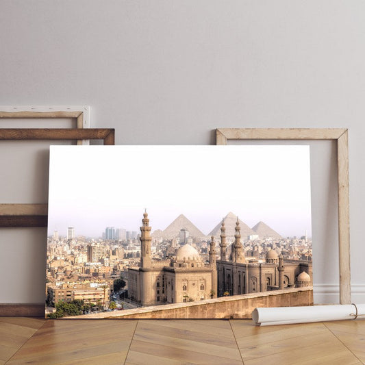View mosque sultan hassan cairo with pyramids giza egypt