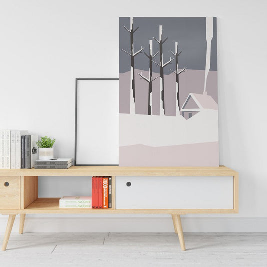 Cabin in the frozen forest with white background Printed canvas wall art