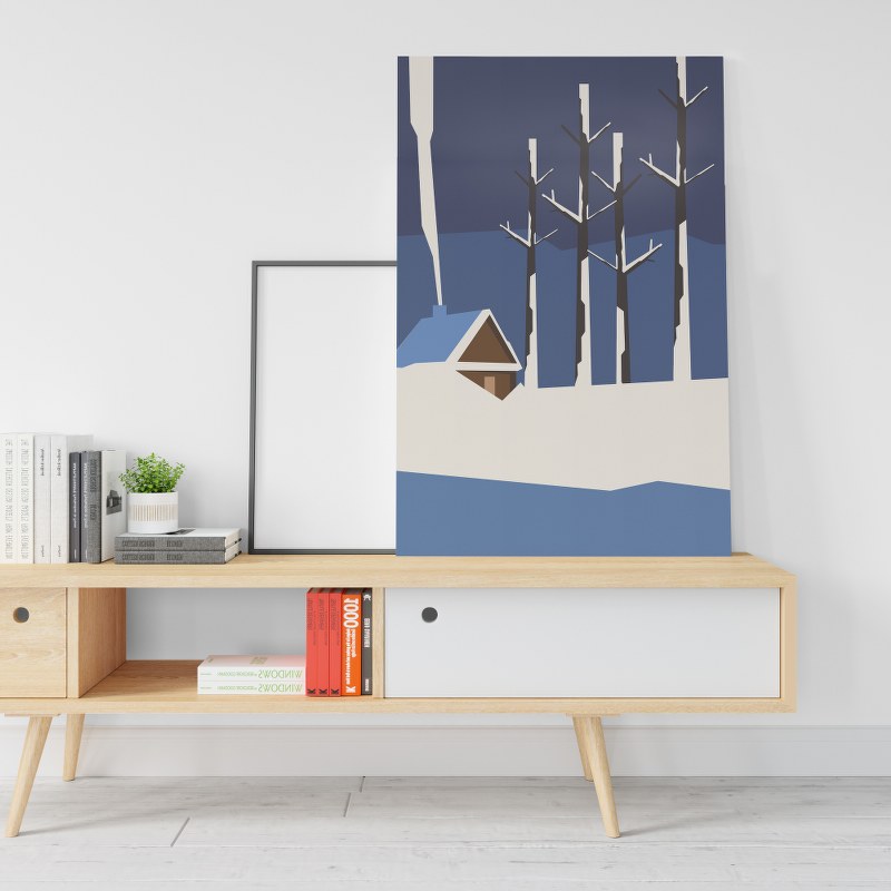 Cabin in the frozen forest with blue background Printed canvas wall art