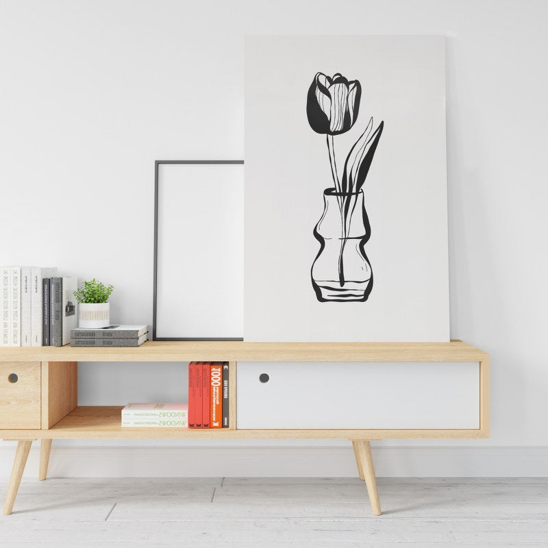 Flower with vase in white and black printed canvas wall art