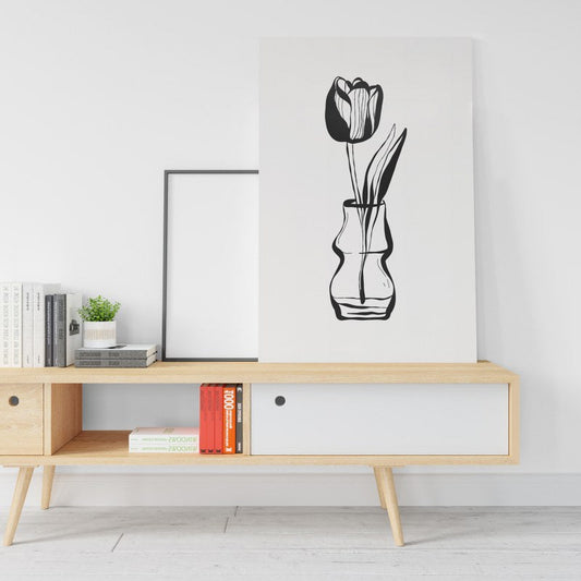 Flower with vase in white and black printed canvas wall art