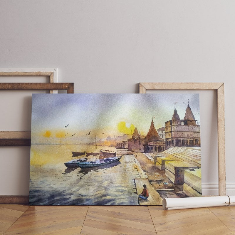 Boats next to the coast, printed on canvas,