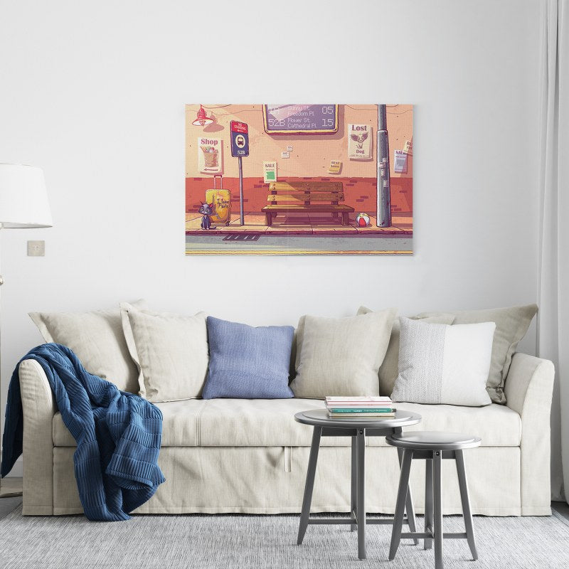 Vector background illustration bus stop with sad cat Printed Canvas wall art