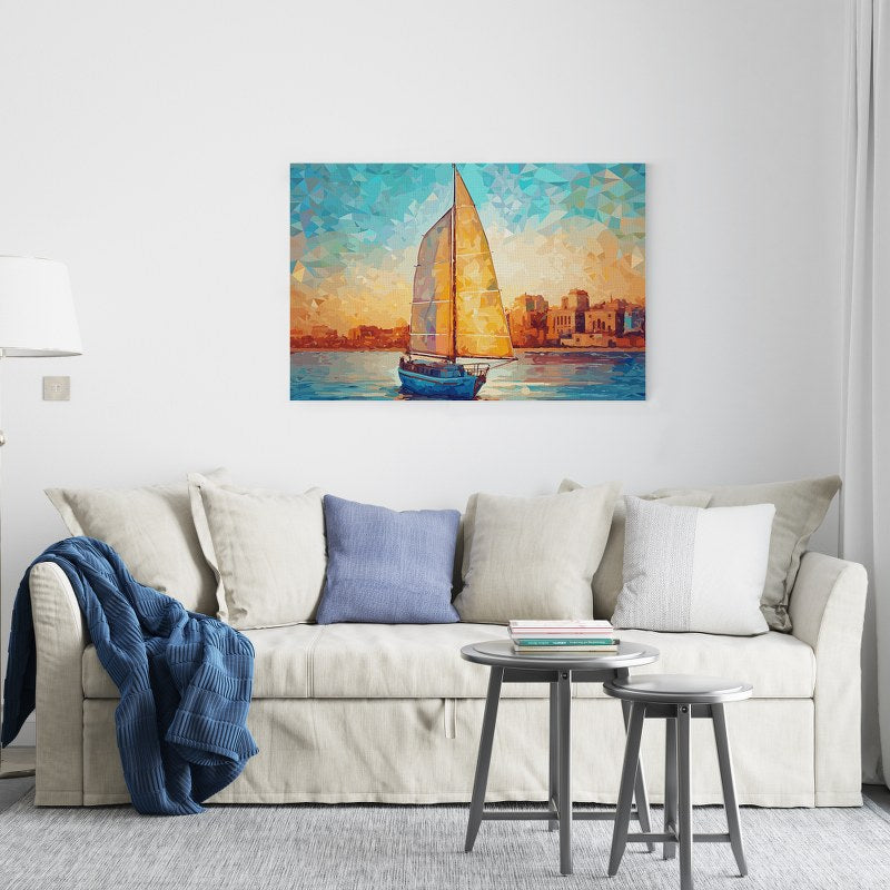 Sailboat on the water in front of an orange and blue sky with clouds
