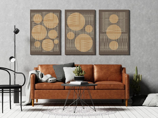 Set of Neutral Mid Century Modern Geometric set of 3 Printed canvas wall art