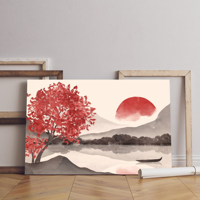 Red Tree with sunset Landscape Printed canvas wall art