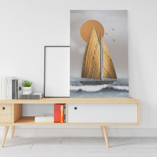 Abstract golden sailboat with waves Printed canvas wall art