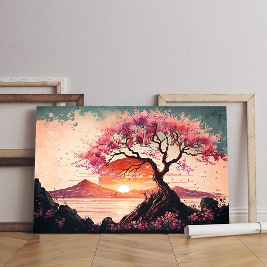 Artistic landscape with cherry blossoms sunset painted with watercolor texture vintage