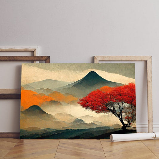 Autumn japanese landscape mountains redwood growing slope illustration
