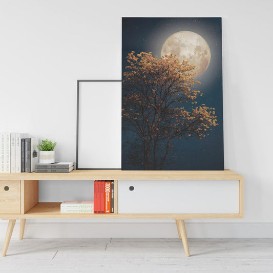 Full Moon Wall Art Night Sky Canvas Moon Retro with orange bolssom