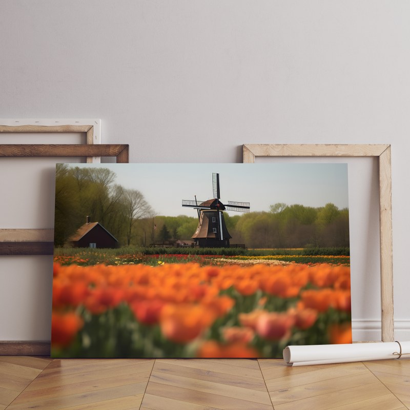 Traditional dutch windmill with tulip flower garden landscape ai