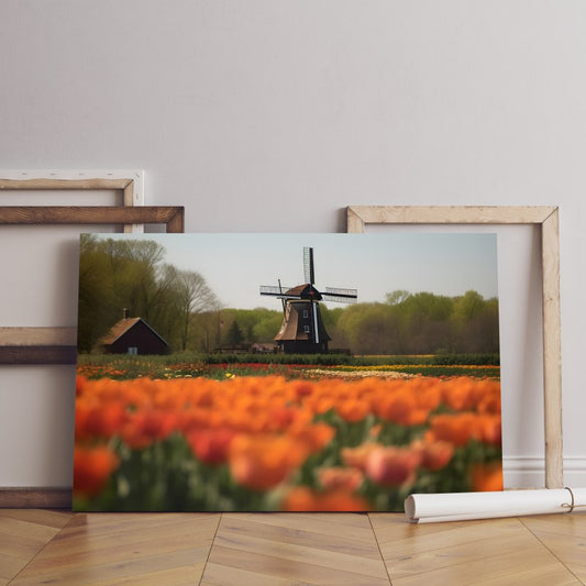 Traditional dutch windmill with tulip flower garden landscape ai