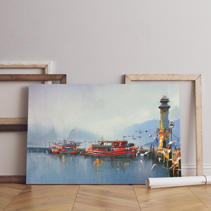 Fishing boat and lake at the morning Printed Canvas wall art