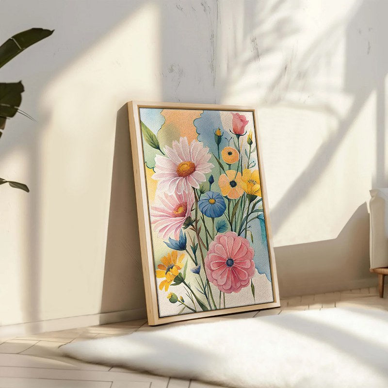 Wild Flowers with blue background yellow flowers Framed Canvas wall art