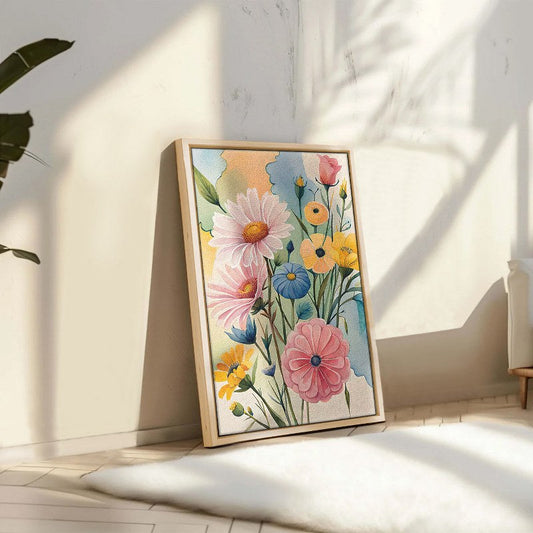 Wild Flowers with blue background yellow flowers Framed Canvas wall art