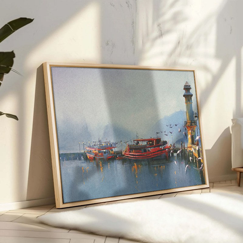 Fishing boat and lake at the morning Framed Canvas wall art