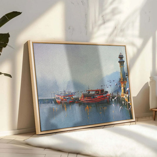 Fishing boat and lake at the morning Framed Canvas wall art