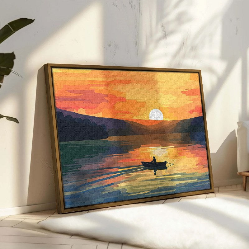Painting man boat lake with sun setting framed wall art